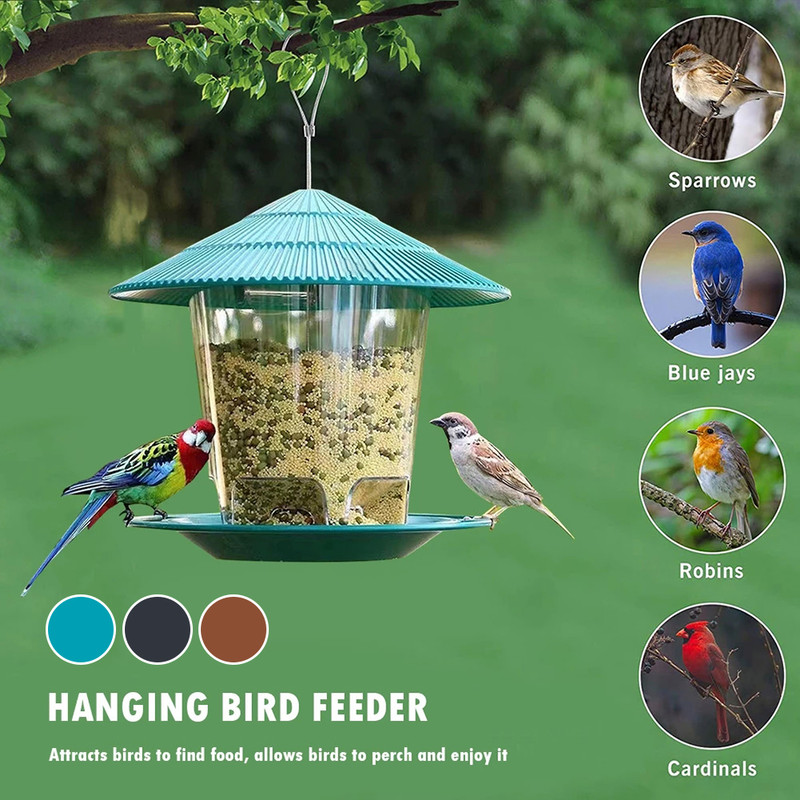 Outdoor Bird Feeder Hanging with Automatic Foot Feeding Large 2.6L Capacity, Squirrel Resistant Garden Decor