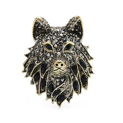 Wolf brooch, Statement sparkling animal jewelry, Wolf lover gifts, Black or blue pin, Gift for woman