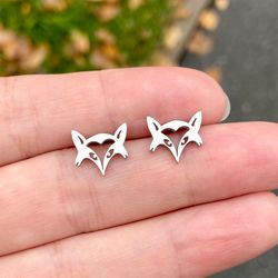 Fox head stud earrings, Stainless steel jewelry, Fox lover gift, Animal totem earrings