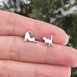 Playing cats stud earrings, Stainless steel jewelry, Cat lover gift, Black or silver color