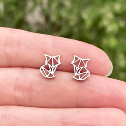 Geometric fox stud earrings, Stainless steel jewelry, Origami style