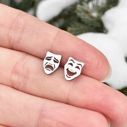 Mask stud earrings, Comedy and Tragedy Stainless steel jewelry, Black or silver color
