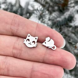 Cat and mouse stud earrings, Stainless steel hypoallergenic jewelry, Rat