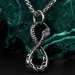 Snake pendant, Infinity necklace, Stainless steel jewelry, Cobra, Reptile