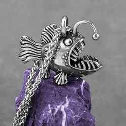 Lantern fish necklace, Stainless steel pendant, Sea world jewelry, Gothic, Biker charm, Unisex gift