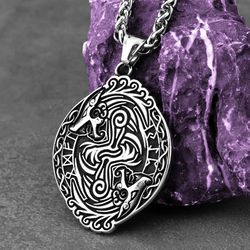 Celtic wolves necklace, Stainless steel pendant, Viking Nordic Norse jewelry, Animal lover gift