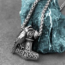 Thor hammer with raven pendant, Stainless steel jewelry, Mjolnir necklace, Crow