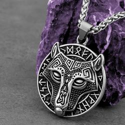 Wolf head pendant with Elder Futhark runes, Stainless steel necklace, Unisex statement jewelry