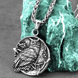 Owl necklace, Helmet of Awe at backside, Viking Nordic Norse jewelry, Stainless steel