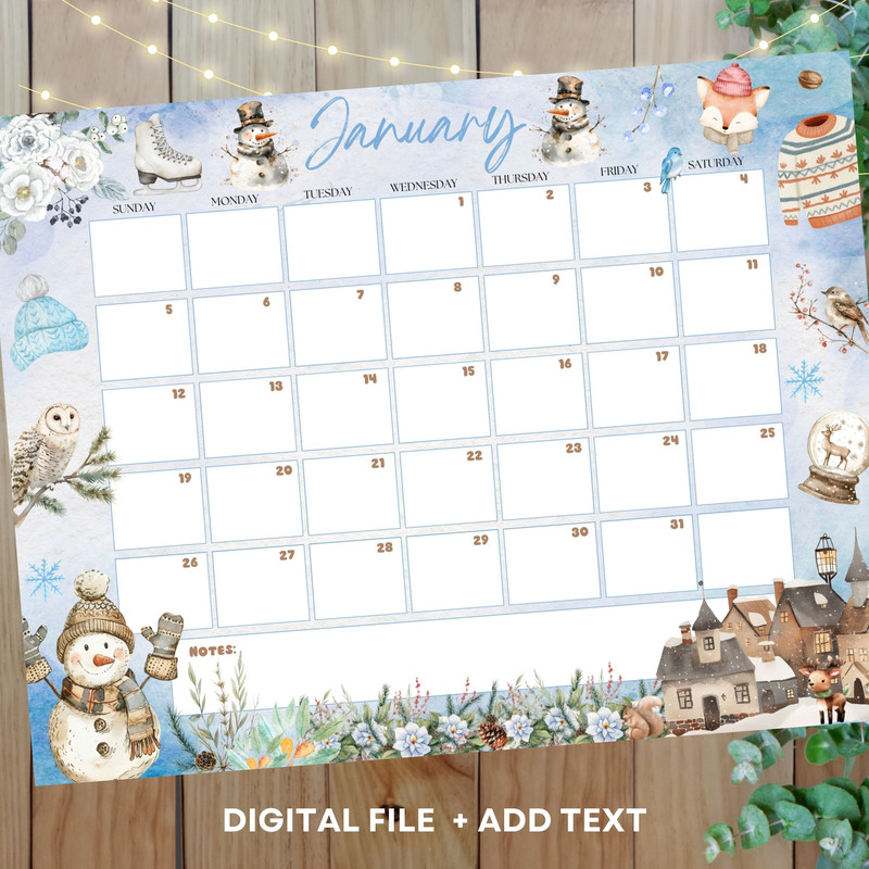 EDITABLE In PDF JANUARY 2025 Calendar January Calendar 2025 Winter Calendar January 2025 1