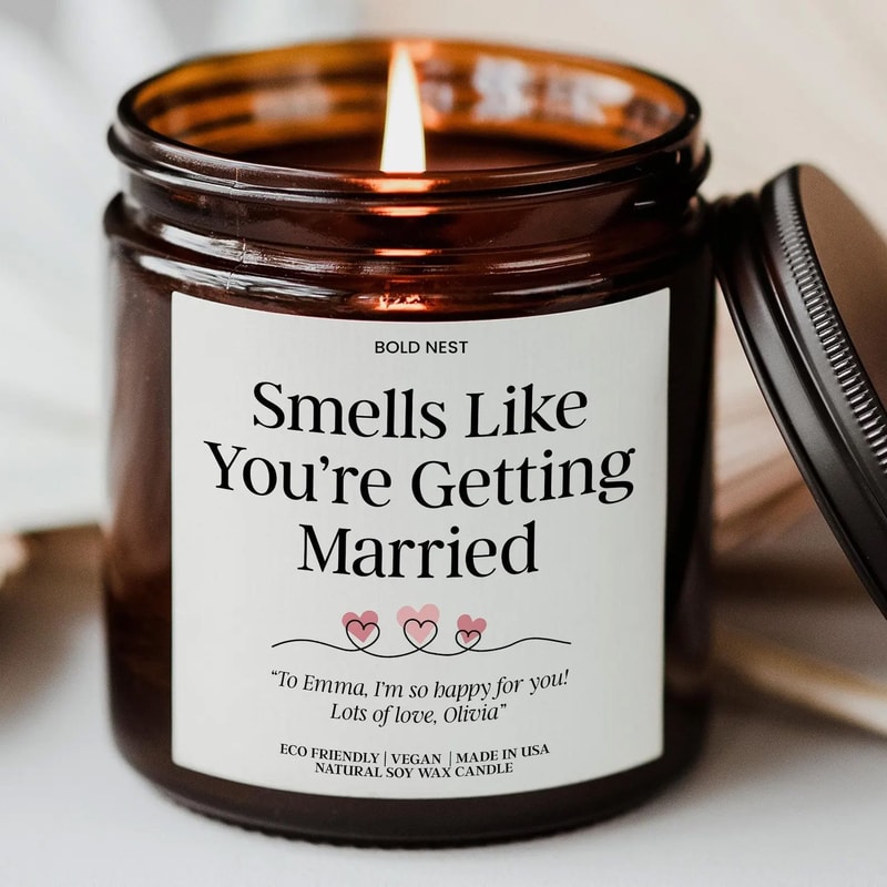 Personalized BridetoBe Wedding Candle Custom Engagement Gift Smells Like Married Bridal Shower Can 0