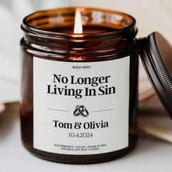 personalized no longer living in sin wedding candle – funny engagement & wedding date gift for couple