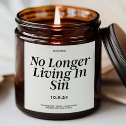 personalized no longer living in sin wedding candle – funny engagement & wedding date gift