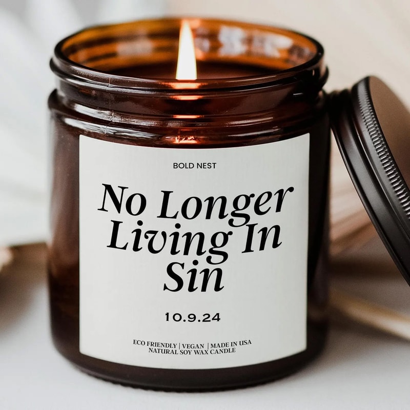 Personalized No Longer Living In Sin Wedding Candle Funny Engagement Wedding Date Gift 0