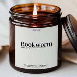 bookworm candle – book lover gift, luxury scented soy candle, literary booktok home decor