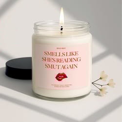 smells like shes reading smut again candle – funny book lover gift, scented soy candle for romance & fantasy readers