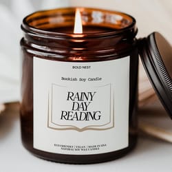 rainy day reading candle – book lover gift, cozy scented soy candle for readers, romantic bookish gift for her