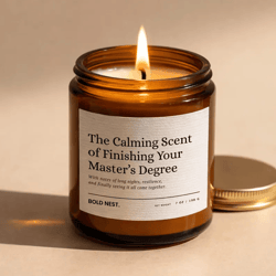 funny master's degree graduation candle for her, custom humorous gift for new graduate, congrats, celebrate achievement
