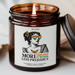 more pride less prejudice candle | lgbtq pride gift soy candle for love & equality celebration