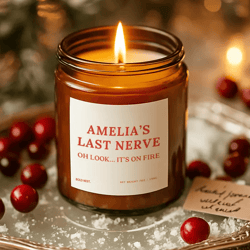 hilarious stress relief candle, custom last nerve gift, humorous holiday present for friend