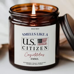 personalized us citizen candle | funny citizenship gift for new american, green card & naturalization celebration