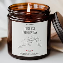 our first mothers day candle – personalized name candle gift for new mom, custom first-time mother keepsake scented can