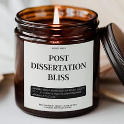 custom phd graduation candle – funny doctoral dissertation gift for phd graduate, medical & thesis completion keepsake