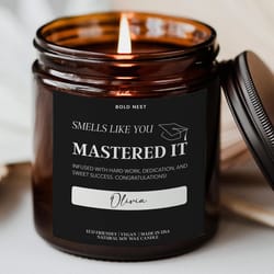 funny masters degree graduation candle – custom congrats gift for mba, phd & college graduate son or daughter