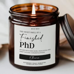 custom phd graduation candle – funny doctorate gift for phd graduate, smells like success dissertation keepsake candle