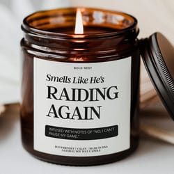 smells like hes raiding again candle, gaming boyfriend gift, nerdy raid night candle for husband or gamer partner