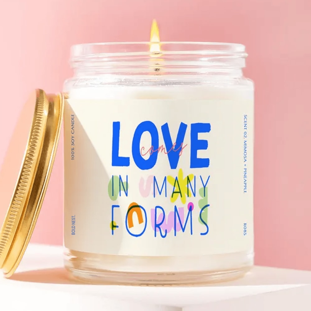 Love Comes In Many Forms Candle Inclusive Love Gift Pride Candle LGBTQ Gift Meaningful Quote Candle 0