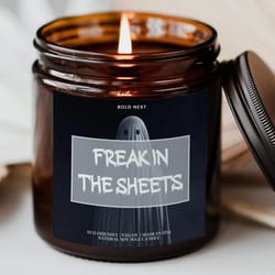 freak in the sheets candle boo basket stuffer, funny halloween candle gift for best friend, spooky season