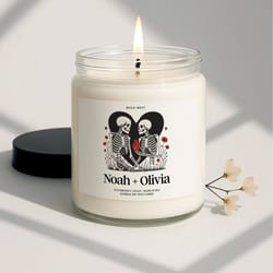 gothic skeletons couple candle boo basket stuffer, personalized halloween gift for best friend, spooky season home decor