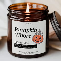 pumpkin whore candle, funny fall scented pumpkin spice candle, halloween boo basket stuffer gift for best friend, spooky