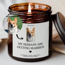 custom pet engagement candle, dog & cat photo engagement gift, my humans are getting married personalized pet candle