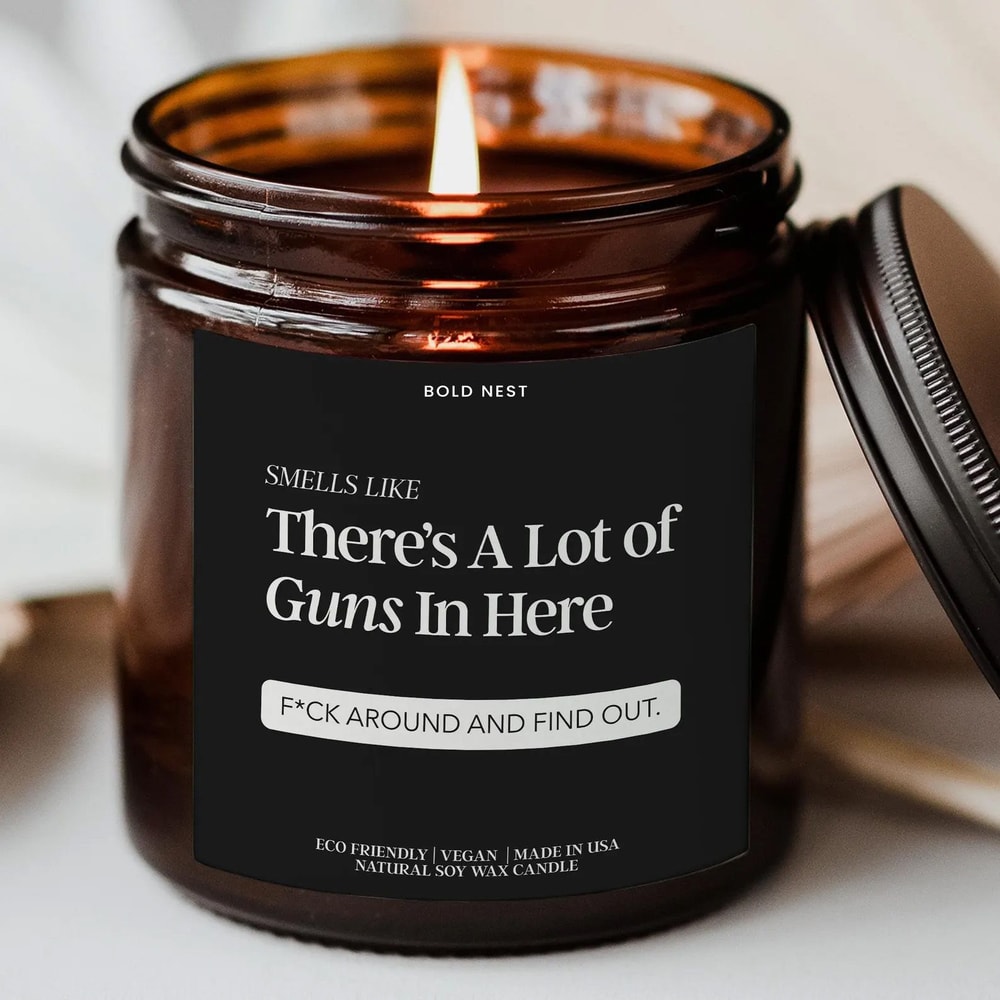 Smells Like A Lot Of Guns Funny Gun Lover Candle Fathers Day Birthday Gift For Dad Husband Boyfrien 0