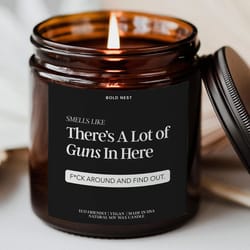 smells like a lot of guns funny gun lover candle fathers day birthday gift for dad husband boyfriend firearm themed