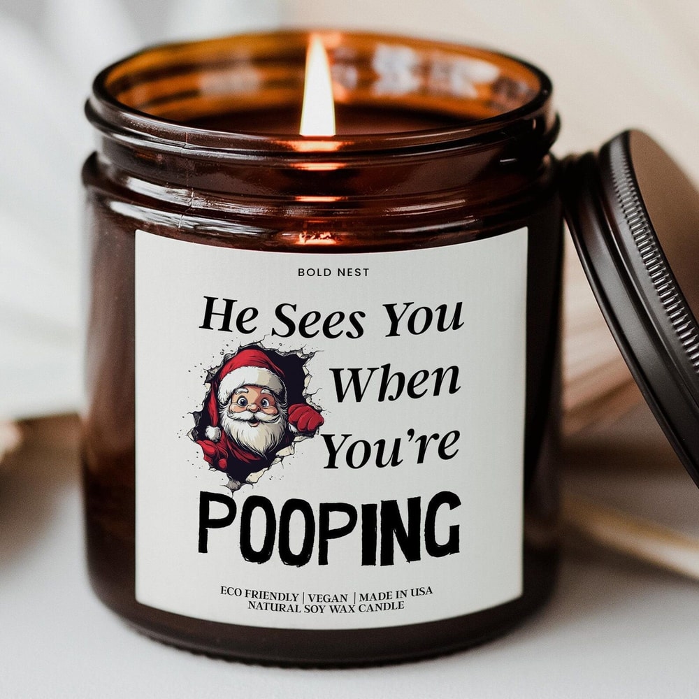 He Sees You When Pooping Funny Christmas Candle Gag Gift Secret Santa Decor 0