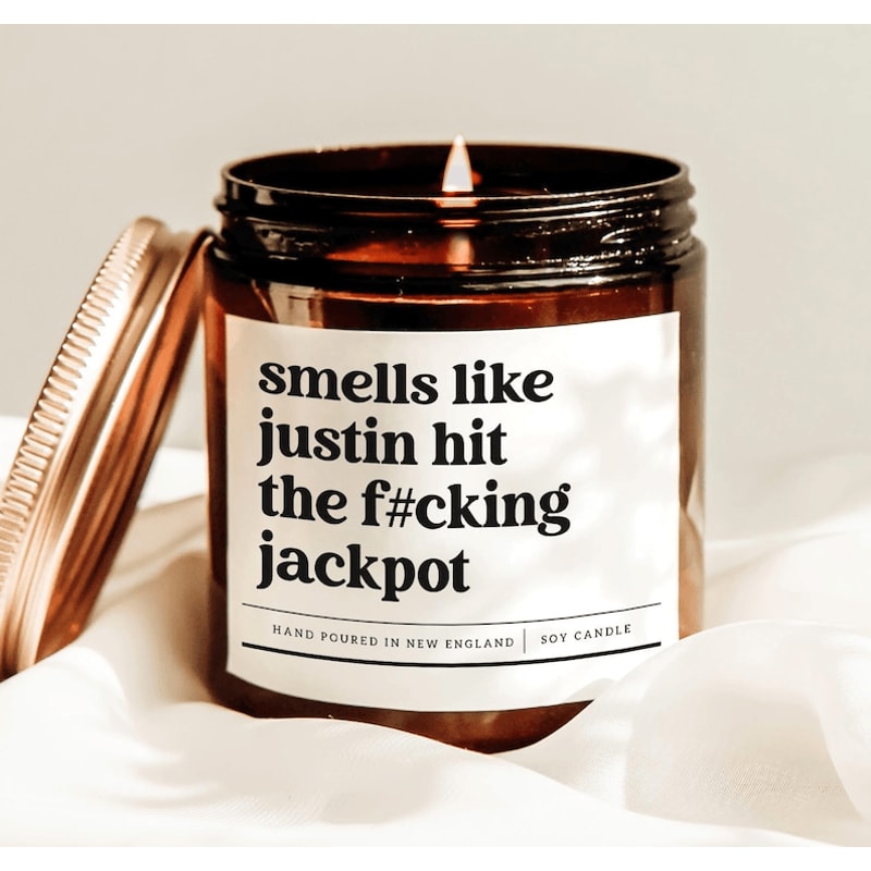 Smells Like Justin Hit The Fucking Jackpot Candle Funny Relationship Gift Personalized Boyfriend Ca 0