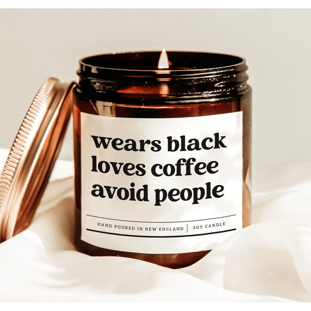 Wears Black Loves Coffee Avoid People Funny Introvert Candle Goth Coffee Lover Soy Candle Cozy Home 0