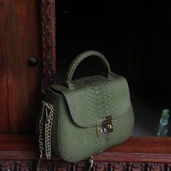 genuine python top handle bag / designer bag / exotic leather bag / khaki purse exotic leather / snake  print designer c