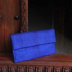 genuine python skin bright blue ultramarine envelope clutch| foldover woman summer purse | elegant classy clutch bag | s