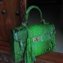 Top handle bright green classy genuine python skin bag | exotic leather bags | Elegant everyday women purse | snakeskin
