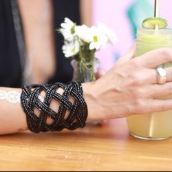 Beaded handmade bracelet black color wide handmade, wide elegant beaded bracelet, beads artwork, beads bracelet wide wom