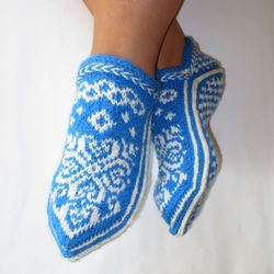 Wool Home Slippers Hand Knitted Norwegian Snowflake Slipper Socks Seamless House Shoes Women's Christmas Gift for Her