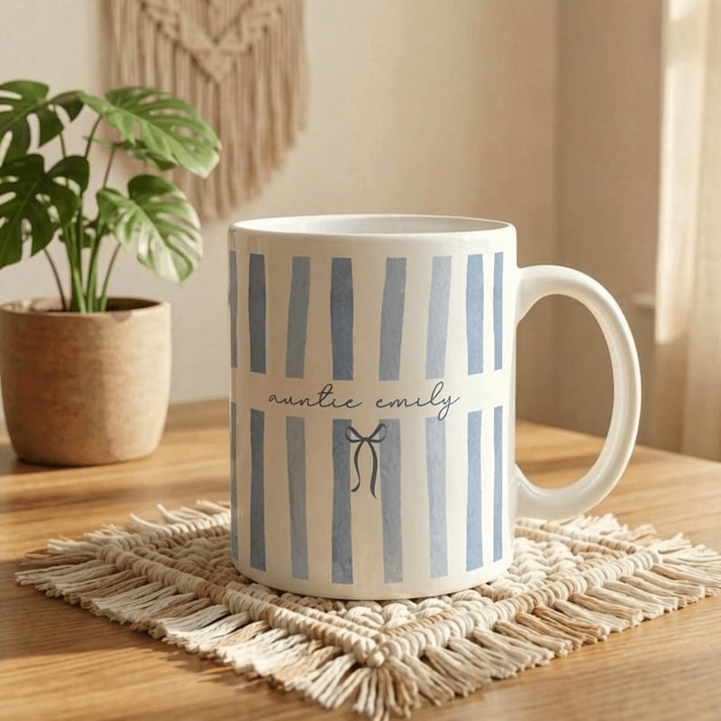 Personalized Aunt Mug Custom Auntie Coffee Mug Blue Stripe Bow Mug Cute Coquette Gift For Aunt Cera 0