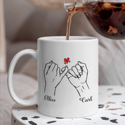 pinky promise couple mug, custom name cute coffee cup, colorful romantic valentine & anniversary gift