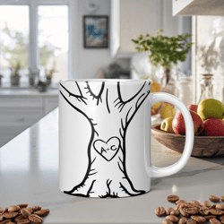 personalized carved heart tree mug, custom couples initials anniversary coffee mug gift for him