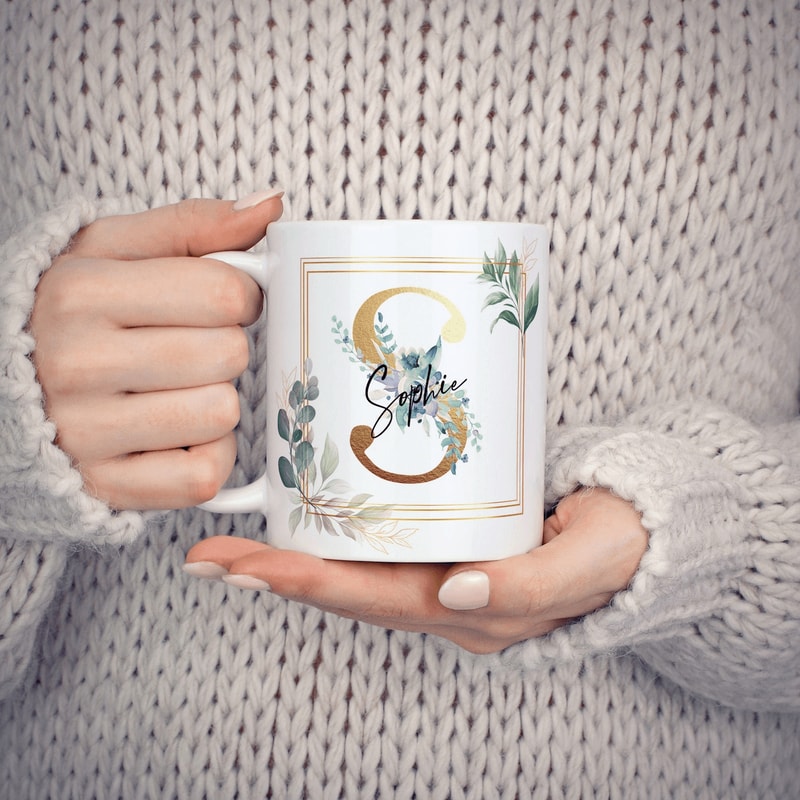 Personalised Name Mug Gold Floral Initial Square Frame Coffee Mug Custom Name Gift Mug For Her 0