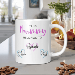 personalised mummy mug, custom kids names heart coffee mug, mothers day gift from children ceramic cup